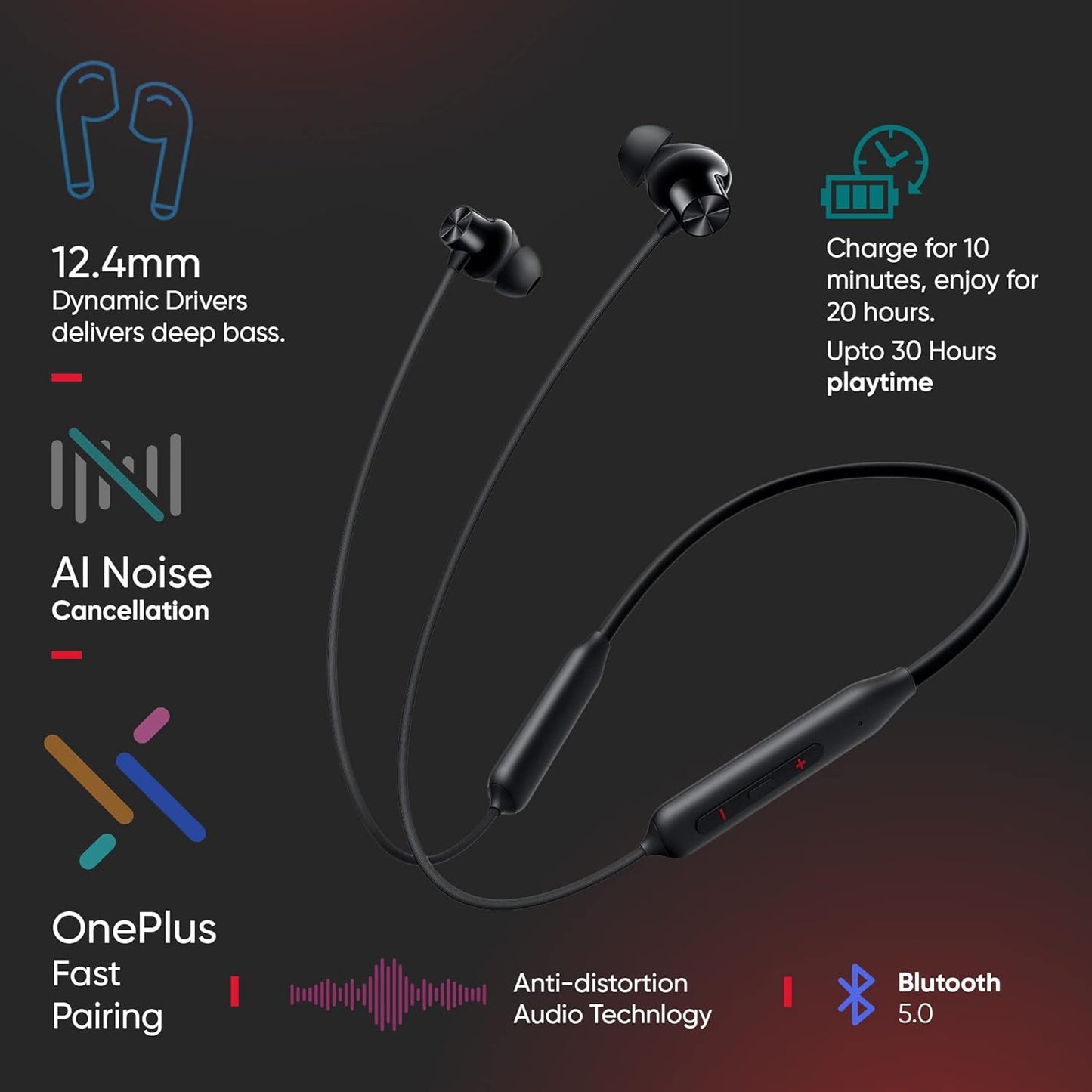Oneplus  Z2 ANC  Bluetooth Wireless in Ear Earphones with Mic, Bombastic Bass - 12.4 Mm Drivers, 10 Mins Charge - 20 Hrs Music, 30 Hrs Battery Life
