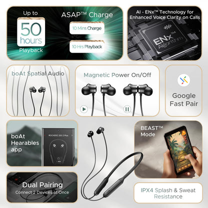 Boat 255 Z Plus, AI-ENx Tech, Spatial Audio, 50HRS Battery, Low Latency Mode, Fast Charge, App Support, IPX4 BT v5.3, Bluetooth Neckband, Wireless with Mic Earphones