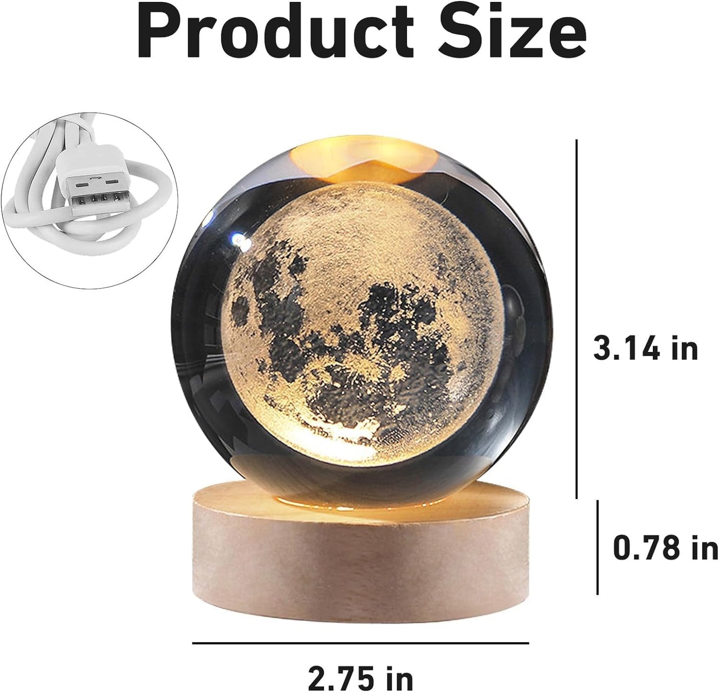 Edgora Moon Crystal Ball Night Light,2.4 Inch Glass Ball Night LED Lamp with Woodern Base,Decorations Gifts for Men,Women,Kids,Boys,Girls | Gifts for Woman | Valentine Gifts